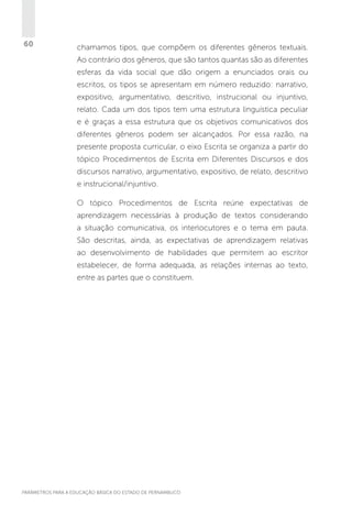 60

chamamos tipos, que compõem os diferentes gêneros textuais.
Ao contrário dos gêneros, que são tantos quantas são as diferentes
esferas da vida social que dão origem a enunciados orais ou
escritos, os tipos se apresentam em número reduzido: narrativo,
expositivo, argumentativo, descritivo, instrucional ou injuntivo,
relato. Cada um dos tipos tem uma estrutura linguística peculiar
e é graças a essa estrutura que os objetivos comunicativos dos
diferentes gêneros podem ser alcançados. Por essa razão, na
presente proposta curricular, o eixo Escrita se organiza a partir do
tópico Procedimentos de Escrita em Diferentes Discursos e dos
discursos narrativo, argumentativo, expositivo, de relato, descritivo
e instrucional/injuntivo.
O tópico Procedimentos de Escrita reúne expectativas de
aprendizagem necessárias à produção de textos considerando
a situação comunicativa, os interlocutores e o tema em pauta.
São descritas, ainda, as expectativas de aprendizagem relativas
ao desenvolvimento de habilidades que permitem ao escritor
estabelecer, de forma adequada, as relações internas ao texto,
entre as partes que o constituem.

PARÂMETROS PARA A EDUCAÇÃO BÁSICA DO ESTADO DE PERNAMBUCO

 