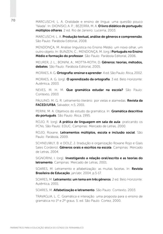 70

MARCUSCHI, L. A. Oralidade e ensino de língua: uma questão pouco
“falada”. In: DIONÍSIO, A. P. ; BEZERRA, M. A. O livro didático de português:
múltiplos olhares. 2 ed. Rio de Janeiro: Lucerna, 2003.
MARCUSCHI, L. A. Produção textual, análise de gêneros e compreensão.
São Paulo: Parábola Editorial, 2008.
MENDONÇA, M. Análise linguística no Ensino Médio: um novo olhar, um
outro objeto. In: BUNZEN, C.; MENDONÇA, M. (org.) Português no Ensino
Médio e formação do professor. São Paulo: Parábola Editorial, 2006.
MEURER, J. L.; BONINI, A.; MOTTA-ROTH, D. Gêneros: teorias, métodos,
debates. São Paulo: Parábola Editorial, 2005.
MORAES, A. G. Ortografia: ensinar e aprender. 4 ed. São Paulo: Ática, 2002.
MORAES, A. G. (org). O aprendizado da ortografia. 3 ed. Belo Horizonte:
Autêntica, 2003.
NEVES, M. H. M. Que gramática estudar na escola? São Paulo:
Contexto, 2003.
PAULINO, M. G. R. Letramento literário: por vielas e alamedas. Revista da
FACED/UFBA, Salvador, n.5, 2001.
PERINI, M. A. Objetivos do estudo da gramática. In: Gramática descritiva
do português. São Paulo: Ática, 1995.
ROJO, R. (org). A prática de linguagem em sala de aula: praticando os
PCNs. São Paulo: EDUC; Campinas: Mercado de Letras, 2000.
ROJO, Roxane. Letramentos múltiplos, escola e inclusão social. São
Paulo: Parábola, 2009.
SCHNEUWLY, B. e DOLZ, J. (tradução e organização Roxane Rojo e Glaís
Sales Cordeiro). Gêneros orais e escritos na escola. Campinas: Mercado
de Letras, 2004.
SIGNORINI, I. (org). Investigando a relação oral/escrito e as teorias do
letramento. Campinas: Mercado de Letras, 2001.
SOARES, M. Letramento e alfabetização: as muitas facetas. In: Revista
Brasileira de Educação. jan/abr, 2004. p.5-17.
SOARES, M. Letramento: um tema em três gêneros. 2 ed. Belo Horizonte:
Autêntica, 2001.
SOARES, M. Alfabetização e letramento. São Paulo: Contexto, 2003.
TRAVAGLIA, L. C. Gramática e interação: uma proposta para o ensino de
gramática no 1º e 2º graus. 5. ed. São Paulo: Cortez, 2000.

PARÂMETROS PARA A EDUCAÇÃO BÁSICA DO ESTADO DE PERNAMBUCO

 