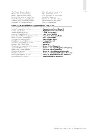 Mary Angela Carvalho Coelho
Monica Dias do Nascimento
Monica Maria de Araujo Batista
Randyson Fernando de Souza Freire
Rejane Maria Guimaraes de Farias
Roberto Carlos Novais de Carvalho
Rosa Maria de Souza Leal Santos

Silvana Angelina Farias de Lima
Silvia Karla de Souza Silva
Sueli Domingos da Silva Soares
Suely Maris Saldanha
Vanessa de Fatima Silva Moura
Veronica Rejane Lima Teixeira
Zelia Almeida da Silva

73

Representantes das Gerências Regionais de Educação:
Soraya Monica de Omena Silva................................... Agreste Centro Norte (Caruaru)
Adelma Elias da Silva...................................................... Agreste Meridional (Garanhuns)
Ana Maria Ferreira da Silva............................................ Litoral Sul (Barreiros)
Auzenita Maria de Souza............................................... Mata Centro (Vitória)
Edson Wander Apolinario do Nascimento............... Mata Norte (Nazaré da Mata)
Maria do Rosario Alves Barbosa.................................. Mata Sul (Palmares)
Cristiane Rodrigues de Abreu....................................... Metropolitana Norte
Mizia Batista de Lima Silveira........................................ Metropolitana Sul
Rosa Maria Aires de Aguiar Oliveira............................ Recife Norte
Elizabeth Braz Lemos Farias......................................... Recife Sul
Maria Solani Pereira de Carvalho Pessoa.................. Sertão Central (Salgueiro)
Jackson do Amaral Alves................................................. Sertão do Alto Pajeú (Afogados da Ingazeira)
Maria Cleide Gualter A Arraes...................................... Sertão do Araripe (Araripina)
Maria Aurea Sampaio...................................................... Sertão do Moxotó Ipanema (Arcoverde)
Silma Diniz Bezerra............................................................ Sertão do Submédio São Francisco (Floresta)
Maria Aparecida Alves da Silva..................................... Sertão do Médio São Francisco (Petrolina)
Edjane Ribeiro Dos Santos............................................ Vale do Capibaribe (Limoeiro)

PARÂMETROS CURRICULARES DE Língua Portuguesa

73

 