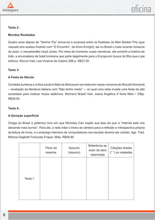 8
oficina
Texto 2:
Mundos Roubados
Quatro anos depois de “Senhor Pip” tornar-se a surpresa entre os finalistas do Man Booker Priz (que
naquele ano acabou ficando com “O Encontro”, de Anne Enright), sai no Brasil o mais recente romance
do autor, o neozelandês Lloyd Jones. Por meio de inúmeras vozes narrativas, ele constrói a história de
Inês, a arrumadeira de hotel tunisiana que parte ilegalmente para a Europa em busca do filho que o pai
traficou. Rocco/ trad. Lea Viveiros de Castro/ 288 p. R$37,50.
Texto 3:
A Festa do Século
Comédia burlesca e crítica social à Itália de Berlusconi se misturam nesse romance de Niccolò Ammaniti
– revelação da literatura italiana com “Não tenho medo” –, no qual uma seita invade uma festa da alta
sociedade para realizar rituais satânicos. Bertrand Brasil/ trad. Joana Angélica d”’Avila Melo / 336p.
R$39,00.
Texto 4:
A Geração superficial
Chega ao Brasil o polêmico livro em que Nicholas Carr expõe sua tese de que a “internet está nos
deixando mais burros”. Para ele, a rede inibe o treino do cérebro para a reflexão e introspectiva própria
da leitura de livros, e o emprego intensivo de computadores nas escolas deveria ser coibido. Agir. Trad.
Mônica Gagliotti Fortunato Friaça/ 384p. R$49,90.
Título da
resenha
Assunto
(resumo)
Referência ao
autor da obra
resenhada
Citações diretas
(“ ”) ou relatadas
Texto 1
 