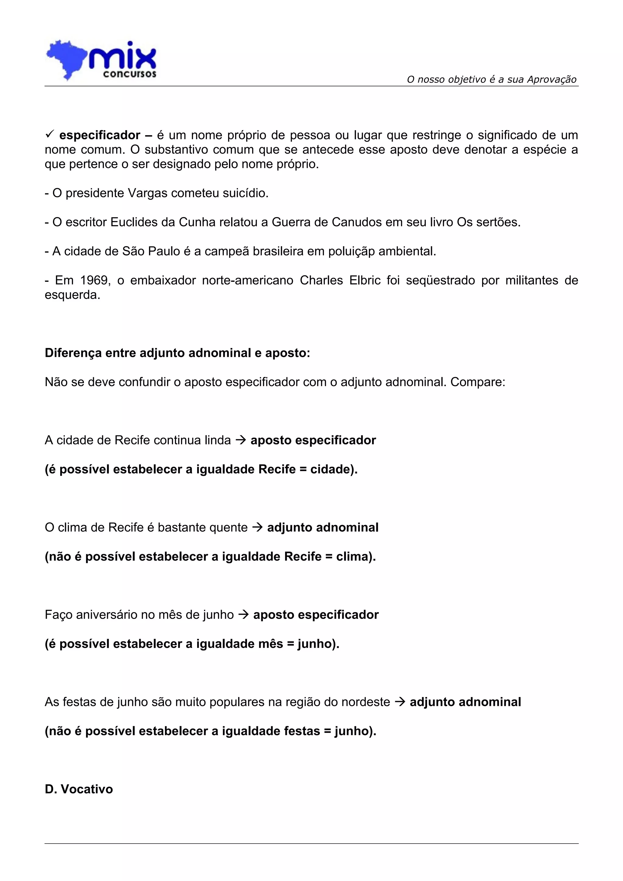 O nosso objetivo é a sua Aprovação




 especificador – é um nome próprio de pessoa ou lugar que restringe o significado de um
nome comum. O substantivo comum que se antecede esse aposto deve denotar a espécie a
que pertence o ser designado pelo nome próprio.

- O presidente Vargas cometeu suicídio.

- O escritor Euclides da Cunha relatou a Guerra de Canudos em seu livro Os sertões.

- A cidade de São Paulo é a campeã brasileira em poluiçãp ambiental.

- Em 1969, o embaixador norte-americano Charles Elbric foi seqüestrado por militantes de
esquerda.



Diferença entre adjunto adnominal e aposto:

Não se deve confundir o aposto especificador com o adjunto adnominal. Compare:



A cidade de Recife continua linda  aposto especificador

(é possível estabelecer a igualdade Recife = cidade).



O clima de Recife é bastante quente  adjunto adnominal

(não é possível estabelecer a igualdade Recife = clima).



Faço aniversário no mês de junho  aposto especificador

(é possível estabelecer a igualdade mês = junho).



As festas de junho são muito populares na região do nordeste  adjunto adnominal

(não é possível estabelecer a igualdade festas = junho).



D. Vocativo
 