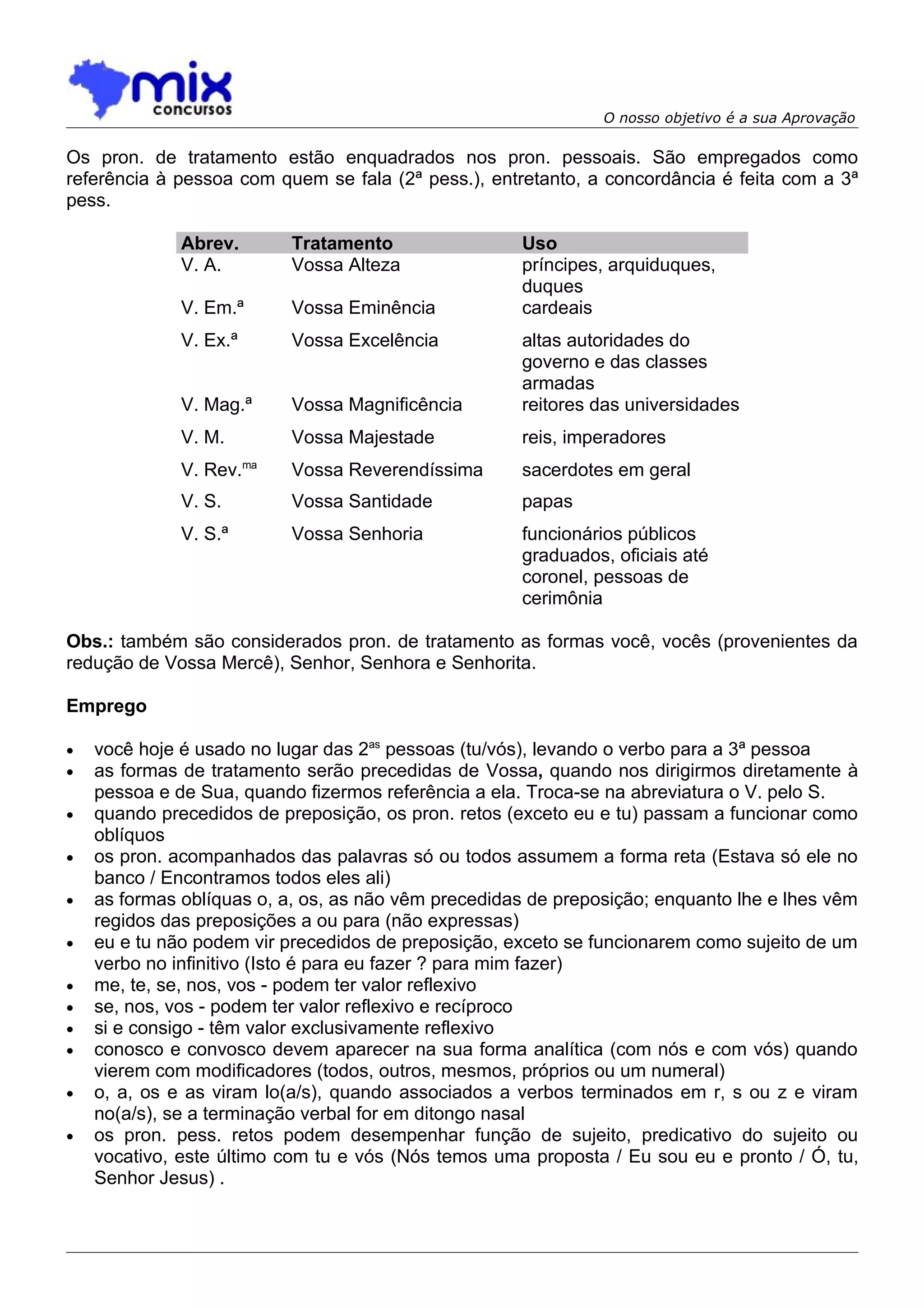 O nosso objetivo é a sua Aprovação

Os pron. de tratamento estão enquadrados nos pron. pessoais. São empregados como
referência à pessoa com quem se fala (2ª pess.), entretanto, a concordância é feita com a 3ª
pess.

              Abrev.      Tratamento                 Uso
              V. A.       Vossa Alteza               príncipes, arquiduques,
                                                     duques
              V. Em.ª     Vossa Eminência            cardeais
              V. Ex.ª     Vossa Excelência           altas autoridades do
                                                     governo e das classes
                                                     armadas
              V. Mag.ª    Vossa Magnificência        reitores das universidades
              V. M.       Vossa Majestade            reis, imperadores
              V. Rev.ma   Vossa Reverendíssima       sacerdotes em geral
              V. S.       Vossa Santidade            papas
              V. S.ª      Vossa Senhoria             funcionários públicos
                                                     graduados, oficiais até
                                                     coronel, pessoas de
                                                     cerimônia

Obs.: também são considerados pron. de tratamento as formas você, vocês (provenientes da
redução de Vossa Mercê), Senhor, Senhora e Senhorita.

Emprego

•   você hoje é usado no lugar das 2as pessoas (tu/vós), levando o verbo para a 3ª pessoa
•   as formas de tratamento serão precedidas de Vossa, quando nos dirigirmos diretamente à
    pessoa e de Sua, quando fizermos referência a ela. Troca-se na abreviatura o V. pelo S.
•   quando precedidos de preposição, os pron. retos (exceto eu e tu) passam a funcionar como
    oblíquos
•   os pron. acompanhados das palavras só ou todos assumem a forma reta (Estava só ele no
    banco / Encontramos todos eles ali)
•   as formas oblíquas o, a, os, as não vêm precedidas de preposição; enquanto lhe e lhes vêm
    regidos das preposições a ou para (não expressas)
•   eu e tu não podem vir precedidos de preposição, exceto se funcionarem como sujeito de um
    verbo no infinitivo (Isto é para eu fazer ? para mim fazer)
•   me, te, se, nos, vos - podem ter valor reflexivo
•   se, nos, vos - podem ter valor reflexivo e recíproco
•   si e consigo - têm valor exclusivamente reflexivo
•   conosco e convosco devem aparecer na sua forma analítica (com nós e com vós) quando
    vierem com modificadores (todos, outros, mesmos, próprios ou um numeral)
•   o, a, os e as viram lo(a/s), quando associados a verbos terminados em r, s ou z e viram
    no(a/s), se a terminação verbal for em ditongo nasal
•   os pron. pess. retos podem desempenhar função de sujeito, predicativo do sujeito ou
    vocativo, este último com tu e vós (Nós temos uma proposta / Eu sou eu e pronto / Ó, tu,
    Senhor Jesus) .
 