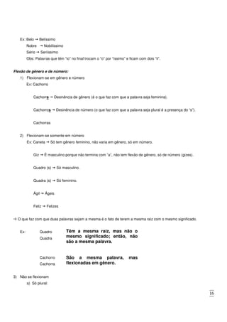 16
Ex: Belo Belíssimo
Nobre Nobilíssimo
Sério Seriíssimo
Obs: Palavras que têm “io” no final trocam o “o” por “íssimo” e ficam com dois “ii”.
Flexão de gênero e de número:
1) Flexionam-se em gênero e número
Ex: Cachorro
Cachorra Desinência de gênero (é o que faz com que a palavra seja feminina).
Cachorros Desinência de número (o que faz com que a palavra seja plural é a presença do “s”).
Cachorras
2) Flexionam-se somente em número
Ex: Caneta Só tem gênero feminino, não varia em gênero, só em número.
Giz É masculino porque não termina com ”a”, não tem flexão de gênero, só de número (gizes).
Quadro (s) Só masculino.
Quadra (s) Só feminino.
Ágil Ágeis
Feliz Felizes
O que faz com que duas palavras sejam a mesma é o fato de terem a mesma raiz com o mesmo significado.
Ex: Quadro
Quadra
Cachorro
Cachorra
3) Não se flexionam
a) Só plural:
Têm a mesma raiz, mas não o
mesmo significado; então, não
são a mesma palavra.
São a mesma palavra, mas
flexionadas em gênero.
 