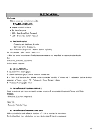 20
FLEXÃO VERBAL
Morfemas:
São as partes que compõem um verbo.
PRATICÁSSEMOS
PRATIC = Raiz ou Radical
Á = Vogal Temática
SSE = Desinência Modo-Temporal
MOS = Desinência Número-Pessoal
1) RAIZ OU RADICAL
- Proporciona o significado do verbo.
- Confere a família de palavras.
Raiz ou Radical + Significado = Família (termos cognatos).
Ex.: Lixo, Lixeira, Lixão, Lixinho, Lixeiro, Lixa
Lixa não possui o mesmo significado das outras palavras, por isso não é termo cognato das demais.
Ex:
Colo, Colar, Colarinho, Colarzinho
São termos cognatos.
2) VOGAL TEMÁTICA
É o que determina a conjugação.
A – Verbo da 1ª conjugação – amar, namorar, passear, etc.
E – Verbo da 2ª conjugação – vender, comer (os verbos que têm “o” entram na 2ª conjugação porque no latim
possuíam “e” (poer – Latim Pôr - Português) – Repor, Compor, Indispor
I – Verbo da 3ª conjugação – Parir
3) DESINÊNCIA MODO-TEMPORAL (MT)
Cada verbo tem a sua, nunca se repete, nunca é a mesma. É a marca identificadora do Tempo e do Modo.
MODOS:
- Indicativo, Subjuntivo, Imperativo
TEMPOS:
- Presente, Pretérito, Futuro
4) DESINÊNCIA NÚMERO-PESSOAL (NP)
Indica o número (singular, plural) e a pessoa (1ª, 2ª ou 3ª pessoa). Só verbos têm.
Ex: Inviolabilidade é um substantivo, por isso não tem desinência número-pessoal.
 