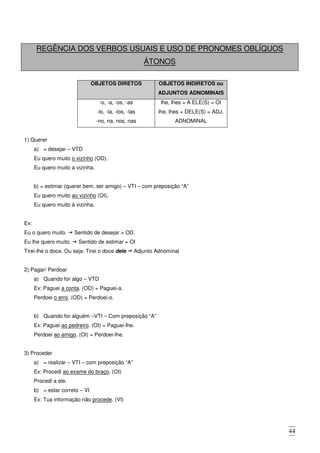 44
REGÊNCIA DOS VERBOS USUAIS E USO DE PRONOMES OBLÍQUOS
ÁTONOS
OBJETOS DIRETOS OBJETOS INDIRETOS ou
ADJUNTOS ADNOMINAIS
-o, -a, -os, -as
-lo, -la, -los, -las
-no, na, nos, nas
lhe, lhes = A ELE(S) = OI
lhe, lhes = DELE(S) = ADJ.
ADNOMINAL
1) Querer
a) = desejar – VTD
Eu quero muito o vizinho (OD).
Eu quero muito a vizinha.
b) = estimar (querer bem, ser amigo) – VTI – com preposição “A”
Eu quero muito ao vizinho (OI).
Eu quero muito à vizinha.
Ex:
Eu o quero muito. Sentido de desejar = OD.
Eu lhe quero muito. Sentido de estimar = OI
Tirei-lhe o doce. Ou seja: Tirei o doce dele Adjunto Adnominal
2) Pagar/ Perdoar
a) Quando for algo – VTD
Ex: Paguei a conta. (OD) = Paguei-a.
Perdoei o erro. (OD) = Perdoei-o.
b) Quando for alguém –VTI – Com preposição “A”
Ex: Paguei ao pedreiro. (OI) = Paguei-lhe.
Perdoei ao amigo. (OI) = Perdoei-lhe.
3) Proceder
a) = realizar – VTI – com preposição “A”
Ex: Procedi ao exame do braço. (OI)
Procedi a ele.
b) = estar correto – VI
Ex: Tua informação não procede. (VI)
 
