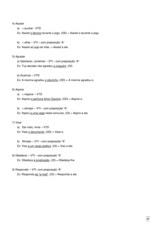 45
4) Assistir
a) = auxiliar - VTD
Ex: Assisti o técnico durante o jogo. (OD) = Assisti-o durante o jogo.
b) = olhar – VTI – com preposição “A”
Ex: Assisti ao jogo do Inter. = Assisti a ele.
5) Agradar
a) Satisfazer, contentar – VTI – com preposição “A”
Ex: Tua decisão não agradou a ninguém. (OI)
b) Acariciar – VTD
Ex: A menina agradou o cãozinho. (OD) = A menina agradou-o.
6) Aspirar
a) = respirar – VTD
Ex: Aspirei o perfume Amor Gaúcho. (OD) = Aspirei-o.
b) = almejar – VTI – com preposição “A”
Ex: Aspiro a uma vaga neste concurso. (OI) = Aspiro a ela.
7) Visar
a) Dar visto, mirar – VTD
Ex: Visei o documento. (OD) = Visei-o.
b) Almejar – VTI – com preposição “A”
Ex: Viso a um cargo público. (OI) = Viso a ele.
8) Obedecer – VTI – com preposição “A”
Ex: Obedeça à sinalização. (OI) = Obedeça-lhe.
9) Responder – VTI- com preposição “A”
Ex: Responda ao “e-mail”. (OI) = Responda a ele.
 
