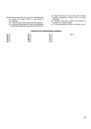 70
16.Assinale a alternativa em que foram desobedecidas
as normas da Língua Culta no que tange à
concordância.
(A) Procurei avisar tantos alunos quanto possível.
(B) Os policiais permaneciam alerta à possibilidade
de distúrbios diante dos acontecimentos políticos.
(C) Hoje são treze de maio e ainda não se veem
grandes realizações, embora muito se tenha
prometido.
(D) Cerveja é boa para a sede, mas tomada em
excesso é ruim para a saúde.
(E) A reunião estender-se-á até o meio-dia e meia.
GABARITO DE CONCORDÂNCIA NOMINAL
01- B
02- B
03- C
04- D
05- C
06- C
07- A
08- A
09- A
10- C
11- C
12- E
13- A
14- E
15- E
16- D
 