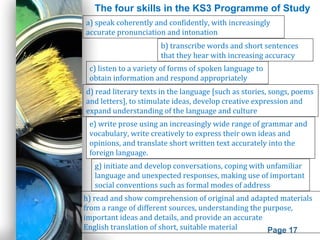 Powerpoint Templates
Page 17
The four skills in the KS3 Programme of Study
a) speak coherently and confidently, with increasingly
accurate pronunciation and intonation
b) transcribe words and short sentences
that they hear with increasing accuracy
c) listen to a variety of forms of spoken language to
obtain information and respond appropriately
d) read literary texts in the language [such as stories, songs, poems
and letters], to stimulate ideas, develop creative expression and
expand understanding of the language and culture
e) write prose using an increasingly wide range of grammar and
vocabulary, write creatively to express their own ideas and
opinions, and translate short written text accurately into the
foreign language.
g) initiate and develop conversations, coping with unfamiliar
language and unexpected responses, making use of important
social conventions such as formal modes of address
h) read and show comprehension of original and adapted materials
from a range of different sources, understanding the purpose,
important ideas and details, and provide an accurate
English translation of short, suitable material
 