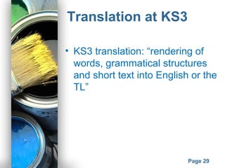 Powerpoint Templates
Page 29
Translation at KS3
• KS3 translation: “rendering of
words, grammatical structures
and short text into English or the
TL”
 
