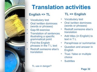 Powerpoint Templates
Page 32
Translation activities
• Vocabulary test
• Oral /written dominoes
(words or phrases)
• Gap-fill exercise
• Translation of sentences
illustrating a specific
grammatical point
• Find the English
phrases in the T L text
• Redraft someone else’s
translation
English => TL TL => English
• Vocabulary test
• Oral /written dominoes
(words or phrases)
• Redraft someone else’s
translation
• Add titles (in English) to
text in T L
• Paraphrase or summarise
• Question and answer in
English
• True / false or multiple
choice
• Subtitles
TL use in danger?
 