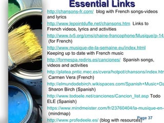 Powerpoint Templates
Page 37
Essential LinksEssential Links
• http://chansons-fr.com/ blog with French songs-videos
and lyrics
• http://www.lepointdufle.net/chansons.htm Links to
French videos, lyrics and activities
• http://www.tv5.org/cms/chaine-francophone/Musique/p-142
(for French)
• http://www.musique-de-la-semaine.eu/index.html
Keeping up to date with French music
• http://formespa.rediris.es/canciones/ Spanish songs,
videos and activities
• http://platea.pntic.mec.es/cvera/hotpot/chansons/index.htm
Carmen Vera (French)
• http://elmundodebirch.wikispaces.com/Spanish+Music+Da
Sharon Birch (Spanish)
• http://www.todoele.net/canciones/Cancion_list.asp Todo
ELE (Spanish)
• https://www.mindmeister.com/fr/23760404/la-musique-en-f
(mindmap)
• http://www.profedeele.es/ (blog with resources)
 