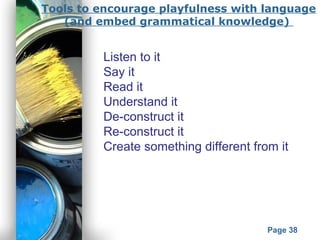 Powerpoint Templates
Page 38
Tools to encourage playfulness with language
(and embed grammatical knowledge)
Listen to it
Say it
Read it
Understand it
De-construct it
Re-construct it
Create something different from it
 