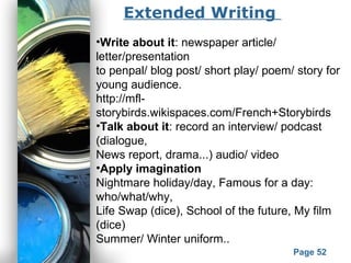 Powerpoint Templates
Page 52
•Write about it: newspaper article/
letter/presentation
to penpal/ blog post/ short play/ poem/ story for
young audience.
http://mfl-
storybirds.wikispaces.com/French+Storybirds
•Talk about it: record an interview/ podcast
(dialogue,
News report, drama...) audio/ video
•Apply imagination
Nightmare holiday/day, Famous for a day:
who/what/why,
Life Swap (dice), School of the future, My film
(dice)
Summer/ Winter uniform..
Extended Writing
 