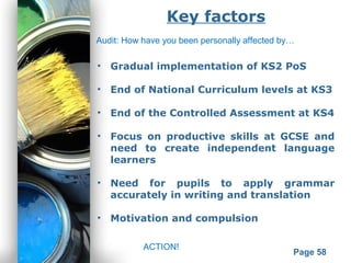 Powerpoint Templates
Page 58
Key factors
• Gradual implementation of KS2 PoS
• End of National Curriculum levels at KS3
• End of the Controlled Assessment at KS4
• Focus on productive skills at GCSE and
need to create independent language
learners
• Need for pupils to apply grammar
accurately in writing and translation
• Motivation and compulsion
Audit: How have you been personally affected by…
ACTION!
 
