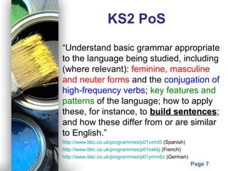 Powerpoint Templates
Page 7
“Understand basic grammar appropriate
to the language being studied, including
(where relevant): feminine, masculine
and neuter forms and the conjugation of
high-frequency verbs; key features and
patterns of the language; how to apply
these, for instance, to build sentencesbuild sentences;
and how these differ from or are similar
to English.”
http://www.bbc.co.uk/programmes/p01vzml5 (Spanish)
http://www.bbc.co.uk/programmes/p01sxkbj (French)
http://www.bbc.co.uk/programmes/p01ymm8z (German)
KS2 PoS
 