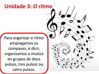 Unidade 3: O ritmo

Para organizar o ritmo
empregamos os
compases, é dicir,
organizamos a música
en grupos de dous
pulsos, tres pulsos ou
catro pulsos.

 