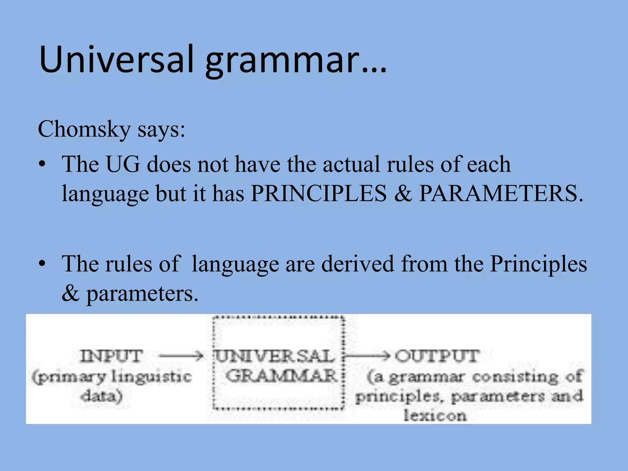 Universal grammar…Chomsky says:The UG does not have the actual rules of each language but it has PRINCIPLES & PARAMETERS.The rules of  language are derived from the Principles & parameters.