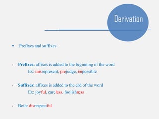  Prefixes and suffixes
• Prefixes: affixes is added to the beginning of the word
Ex: misrepresent, prejudge, impossible
• Suffixes: affixes is added to the end of the word
Ex: joyful, careless, foolishness
• Both: disrespectful
Derivation
 
