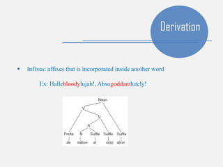 Derivation
 Infixes: affixes that is incorporated inside another word
Ex: Hallebloodylujah!, Absogoddamlutely!
 