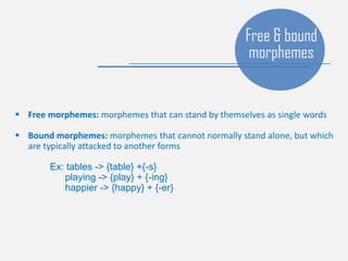  Free morphemes: morphemes that can stand by themselves as single words
 Bound morphemes: morphemes that cannot normally stand alone, but which
are typically attacked to another forms
Ex: tables -> {table} +{-s}
playing -> {play} + {-ing}
happier -> {happy} + {-er}
Free & bound
morphemes
 