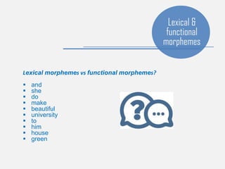 Lexical morphemes vs functional morphemes?
 and
 she
 do
 make
 beautiful
 university
 to
 him
 house
 green
Lexical &
functional
morphemes
 