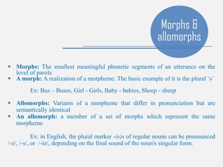 Morphs &
allomorphs
 Morphs: The smallest meaningful phonetic segments of an utterance on the
level of parole
 A morph: A realization of a morpheme. The basic example of it is the plural „s‟
Ex: Bus – Buses, Girl - Girls, Baby - babies, Sheep - sheep
 Allomorphs: Variants of a morpheme that differ in pronunciation but are
semantically identical
 An allomorph: a member of a set of morphs which represent the same
morpheme
Ex: in English, the plural marker -(e)s of regular nouns can be pronounced
/-z/, /-s/, or /-iz/, depending on the final sound of the noun's singular form.
 
