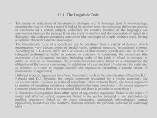 II. 1. The Linguistic CodeThe means of realization of the dramatic dialogue are: le bouclage (and le non-bouclage, meaning the way in which a retort is linked by another one), the repetition (ballet des paroles or variations on a certain subject, underlines the emotive function of the language), the interruption (assures the passage from one reply to another and the succession of topics in a dialogue) , the dialogue containing narrations (the technique of a reply within a reply, having a dynamic character) and the monologueThe illocutionary force of a speech act can be construed from a variety of devices, which encompasses verb classes, types of modal verbs, sentence structure, intonational contour. According to J. L.Austin, there are five classes of illocutionary speech acts: the verdictives(eloquent performative verbs: to esteem, to consider, to condemn), the exercitives (the expression of a for/against decision, including verbs of the kind: to plead, to revoque, to name, to forgive, to nominate), the promissives/commissives (have as a consequence the obligation of the locutor concerning the exhibition of a certain kind of behavior; the verbs are: to promise, to swear, to engage oneself), the expositives (revealing a certain vision, of motivations or arguments)Different types of arguments have been formulated, such as the classification offered by K.C. Rybacki and D.J. Rybacki: the simple argument (sustained by a single assertion), the successive/chain argument (a series of arguments linked between them), the bunch argument (a number of assertions sustaining independently the same conclusion), the causal argument (between phenomena there is no temporal link and there is an order in everything )S. Savulescu distinguishes three other types of arguments: arguments linked to the ethos (of moral and affective order), arguments linked to the pathos (adapted to our psychological profile), arguments linked to the logos (deductive, analogical, ethimological, causal, oppositive), behabitives (the locutor’s reactions towards the previous behavior of somebody else)