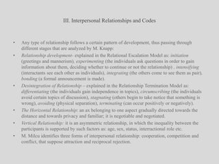 III. Interpersonal Relationships and CodesAny type of relationship follows a certain pattern of development, thus passing through different stages that are analyzed by M. Knapp: Relationship development- explained in the Relational Escalation Model as: initiation (greetings and mannerism), experimenting (the individuals ask questions in order to gain information about them, deciding whether to continue or not the relationship) , intensifying (interactants see each other as individuals), integrating (the others come to see them as pair), bonding (a formal announcement is made).Desintegration of Relationship – explained in the Relationship Termination Model as: differentiating (the individuals gain independence in topics), circumscribing (the individuals avoid certain topics of discussion), stagnating (others begin to take notice that something is wrong), avoiding (physical separation), terminating (can occur positively or negatively).The Horizontal Relationship: an ax belonging to one aspect gradually directed towards the distance and towards privacy and familiar; it is negotiable and negotiated.Vertical Relationship: it is an asymmetric relationship, in which the inequality between the participants is supported by such factors as: age, sex, status, interractional role etc.M. Milcu identifies three forms of interpersonal relationship: cooperation, competition and conflict, that suppose attraction and reciprocal rejection.