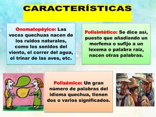 Onomatopéyico: Las
voces quechuas nacen de
los ruidos naturales,
como los sonidos del
viento, el correr del agua,
el trinar de las aves, etc.
Polisintético: Se dice así,
puesto que añadiendo un
morfema o sufijo a un
lexema o palabra raíz,
nacen otras palabras.
Polisémico: Un gran
número de palabras del
idioma quechua, tienen
dos o varios significados.
 