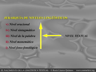 JERARQUÍA DE NIVELES LINGÜÍSTICOS v)   Nivel oracional iv)  Nivel sintagmático iii)   Nivel de la palabra ii)   Nivel monemático i)   Nivel fono-fonológico NIVEL TEXTUAL EL NACIMIENTO DE LA LINGÜÍSTICA TEXTUAL.  © Rocío Lineros Quintero.  www.contraclave.org 