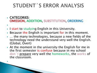 CATEGORIES:OMISSION, ADDITION, SUBSTITUTION, ORDERING I start to studying English in this University.Because the English is important for in this moment.… the many technologies, because a new fields of the technology need the understand very well the English.  (Global, Overt) At the moment in the university the English for me in the first semester is confuse because in my school don´tprepare very well the homeworks, the works of the classroom.  STUDENT´S ERROR ANALYSIS