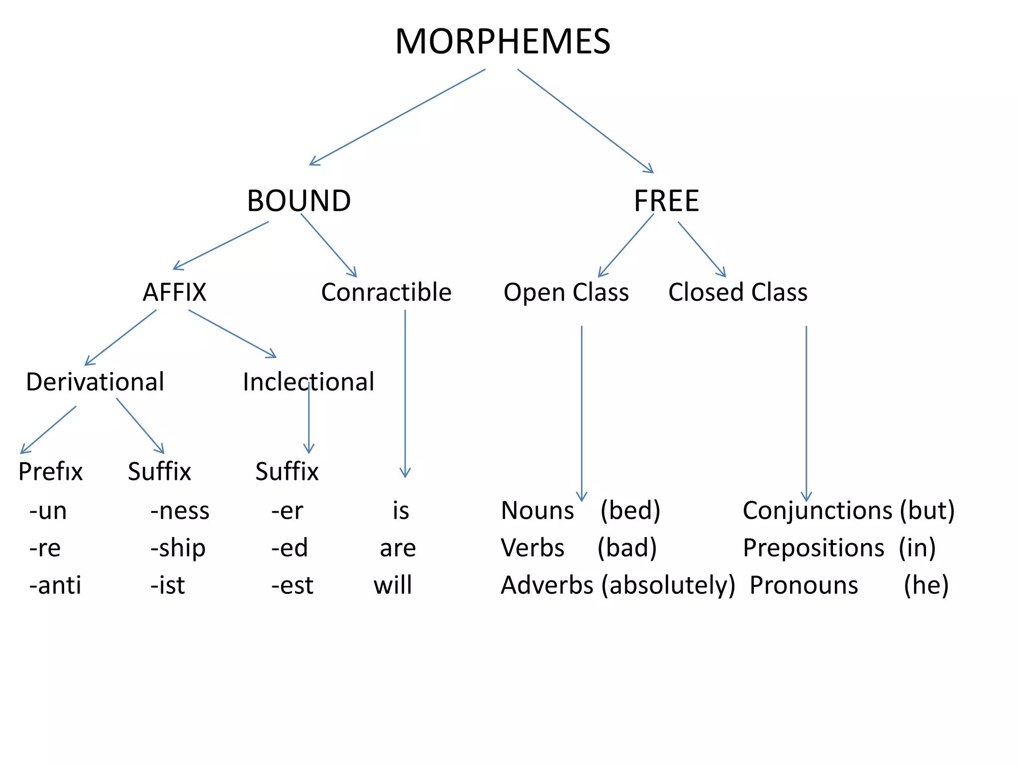 MORPHEMES


                   BOUND                                FREE

          AFFIX              Conractible   Open Class     Closed Class


Derivational       Inclectional


Prefıx   Suffix     Suffix
 -un       -ness     -er          is       Nouns (bed)         Conjunctions (but)
 -re       -ship     -ed         are       Verbs (bad)         Prepositions (in)
 -anti     -ist      -est        will      Adverbs (absolutely) Pronouns     (he)
 