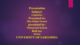 Presentation
Subject:
Linguistics
Presented to:
Miss Shfqat Naseem
presented by:
Muhammad Kaleem
Roll no:
201144
UNIVERSITY OF SARGODHA
 