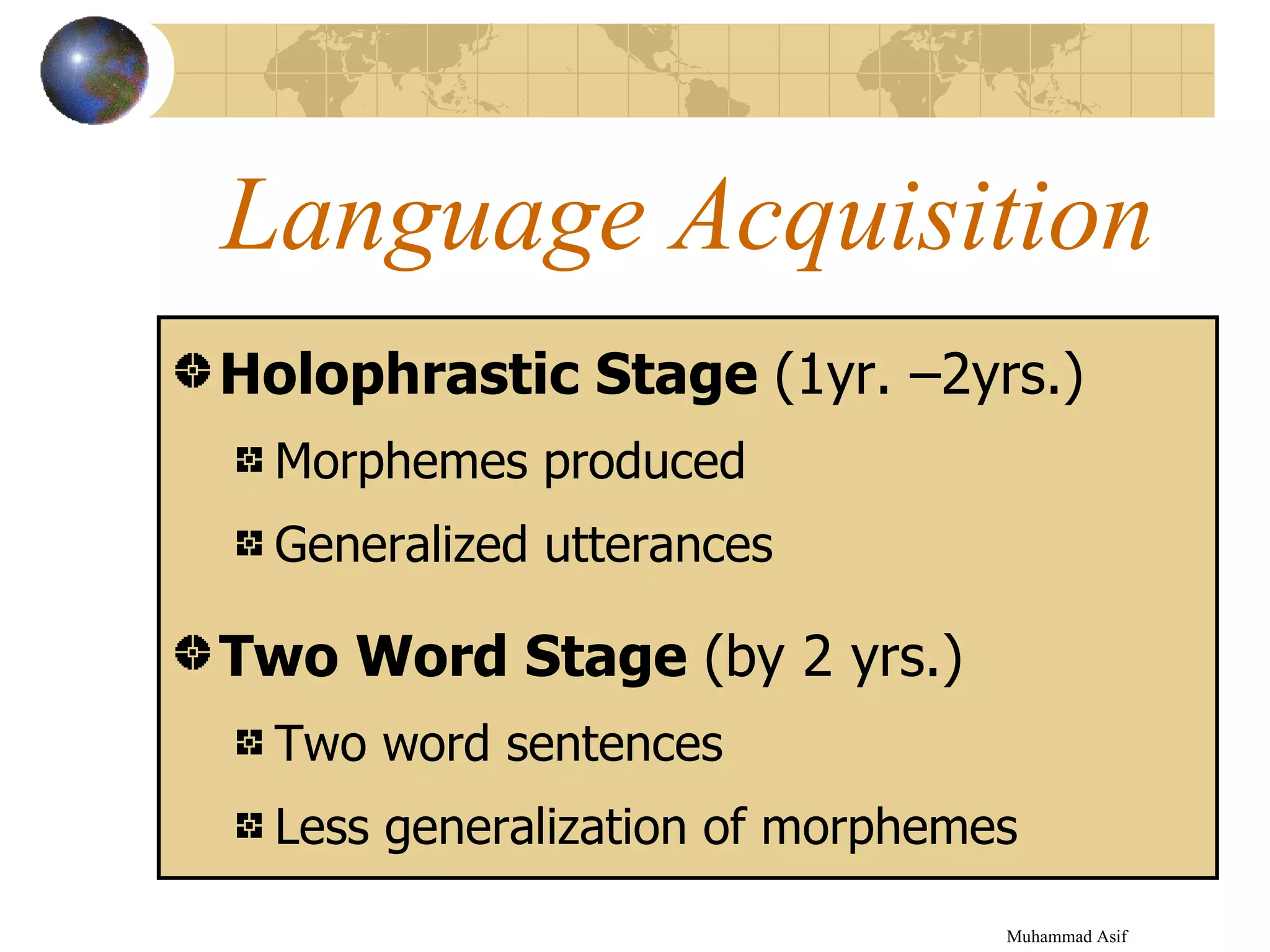 Language Acquisition Holophrastic Stage  (1yr. –2yrs.) Morphemes produced Generalized utterances Two Word Stage  (by 2 yrs.) Two word sentences Less generalization of morphemes Muhammad Asif  