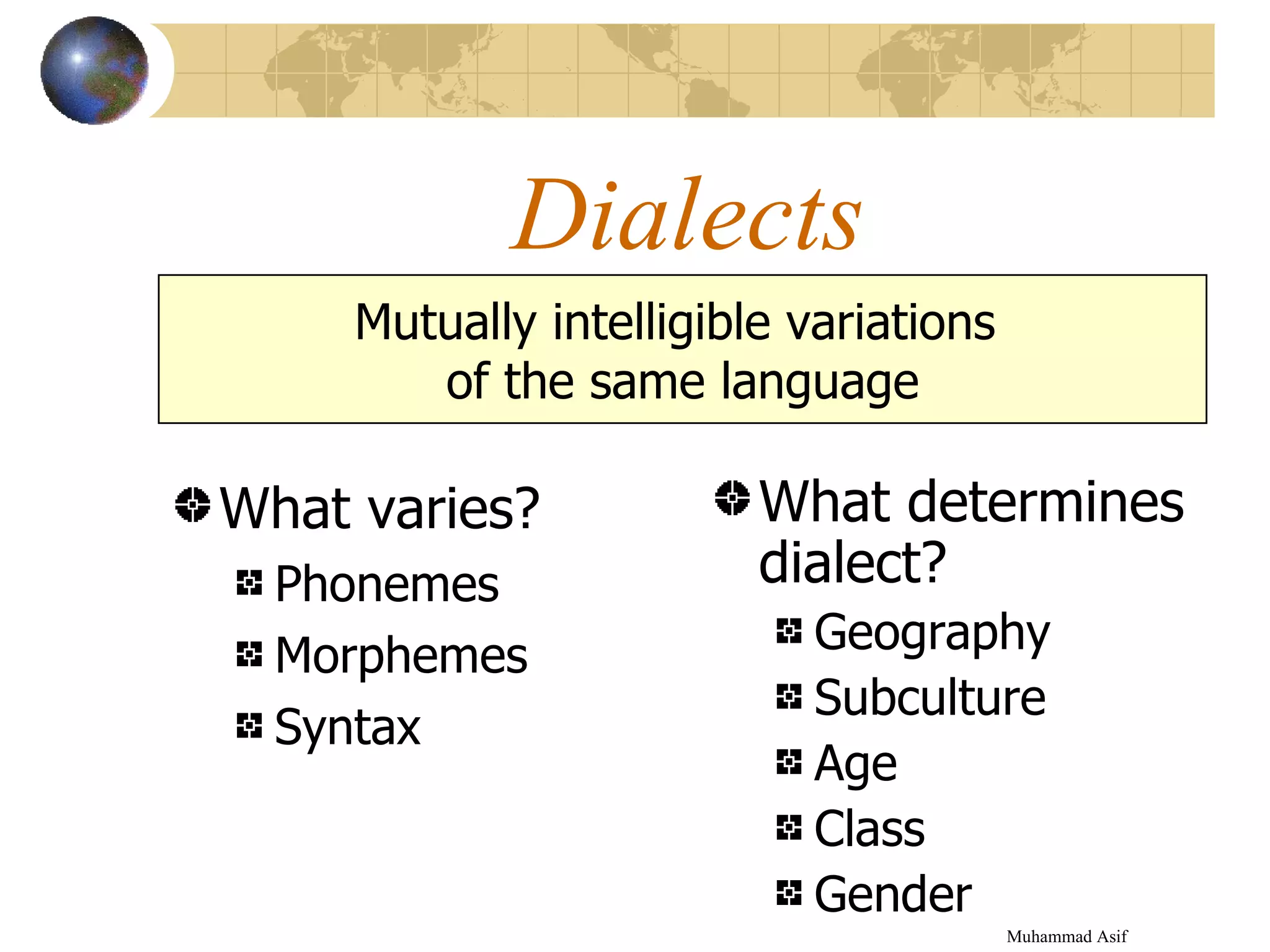 Dialects What varies? Phonemes Morphemes Syntax What determines dialect? Geography Subculture Age Class Gender Muhammad Asif  Mutually intelligible variations  of the same language 