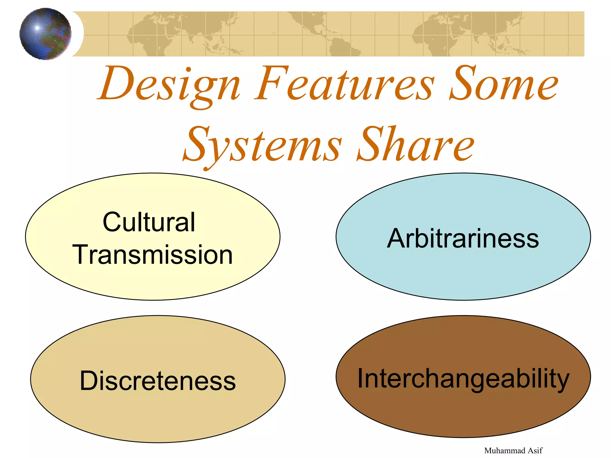 Design Features Some Systems Share Muhammad Asif  Cultural  Transmission Discreteness Arbitrariness Interchangeability 