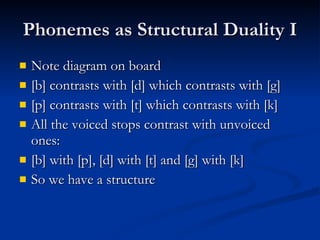 Phonemes as Structural Duality I Note diagram on board [b] contrasts with [d] which contrasts with [g] [p] contrasts with [t] which contrasts with [k] All the voiced stops contrast with unvoiced ones: [b] with [p], [d] with [t] and [g] with [k] So we have a structure 