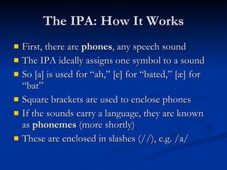 The IPA: How It Works First, there are  phones , any speech sound The IPA ideally assigns one symbol to a sound So [a] is used for “ah,” [e] for “bated,” [æ] for “bat” Square brackets are used to enclose phones If the sounds carry a language, they are known as  phonemes  (more shortly) These are enclosed in slashes (//), e.g. /a/ 