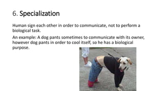 6. Specialization
Human sign each other in order to communicate, not to perform a
biological task.
An example: A dog pants sometimes to communicate with its owner,
however dog pants in order to cool itself, so he has a biological
purpose.
 