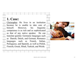 BRAIN AND LANGUAGE 17
1. Case:
Christopher. He lives in an institution
because he is unable to take care of
himself. However, his linguistic
competence is as rich and as sophisticated
as that of any native speaker. He can
translate quickly: Germanic languages such
as Danish, Dutch, and German; Romance
languages such as French, Italian,
Portuguese, and Spanish, as well as Polish,
Finnish, Greek, Hindi, Turkish, and Welsh.
 