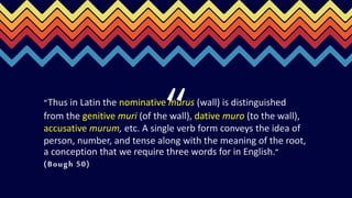 “Thus in Latin the nominative murus (wall) is distinguished
from the genitive muri (of the wall), dative muro (to the wall),
accusative murum, etc. A single verb form conveys the idea of
person, number, and tense along with the meaning of the root,
a conception that we require three words for in English.”
(Bough 50)
“
 