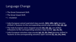 Language Change
• The Great Consonant Shift
• The Great Vowel Shift
• i - mutation
• Indo-European voiced aspirated stop sounds, (bh), (dh), (gh), become
shifted in Teutonic to the corresponding voiced stop sounds (b), (d), (g).
• The Indo-European voice stopped sounds (b), (d), (g), are shifted
inTeutonic to the corresponding voiceless stop sounds (p), (t), (k).
• Indo-European voiceless stop sounds (p), (t), (k), (kw) become shifted in
Teutonic to the corresponding voiceless open sounds (f), (o), (h), (hw).
 