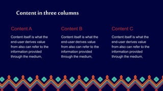 Content itself is what the
end-user derives value
from also can refer to the
information provided
through the medium,
Content C
Content in three columns
Content itself is what the
end-user derives value
from also can refer to the
information provided
through the medium,
Content A
Content itself is what the
end-user derives value
from also can refer to the
information provided
through the medium,
Content B
 
