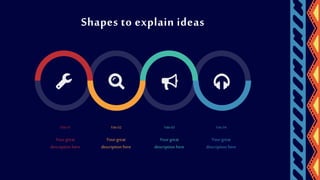 Title01
Yourgreat
description here
Title02
Yourgreat
description here
Title03
Yourgreat
description here
Title04
Yourgreat
description here
Shapes to explain ideas
 