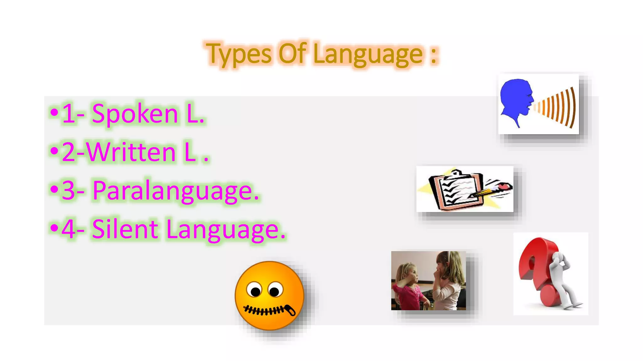 Types Of Language : 
•1- Spoken L. 
•2-Written L . 
•3- Paralanguage. 
•4- Silent Language. 
 