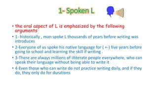 1- Spoken L 
• the oral aspect of L is emphasized by the following 
arguments 
• 1- historically , man spoke L thousands of years before writing was 
introduces 
• 2-Everyone of us spoke his native language for ( +-) five years before 
going to school and learning the skill if writing . 
• 3-There are always millions of illiterate people everywhere, who can 
speak their language without being able to write it 
• 4-Even those who can write do not practice writing daily, and if they 
do, they only do for durations 
 