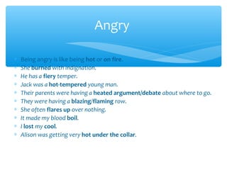 Angry
∗
∗
∗
∗
∗
∗
∗
∗
∗
∗

Being angry is like being hot or on fire.
She burned with indignation.
He has a fiery temper.
Jack was a hot-tempered young man.
Their parents were having a heated argument/debate about where to go.
They were having a blazing/flaming row.
She often flares up over nothing.
It made my blood boil.
I lost my cool.
Alison was getting very hot under the collar.

 