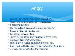 Angry
∗
∗
∗
∗
∗
∗
∗
∗
∗
∗
∗

Losing your temper is like an explosion.
When she told him, he nearly exploded.
He blew up at her.
Steve couldn’t contain his anger any longer.
It was an explosive situation.
I’m sorry I blew my top.
There was another angry outburst from Chris.
Alex was bursting with anger.
She’ll blow a fuse/a gasket if she finds out.
Bob went ballistic when he saw what they had done.
A major row erupted at the meeting.

 