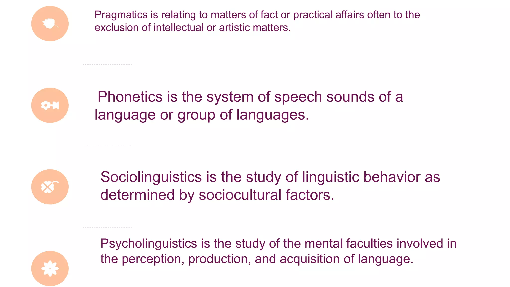 Pragmatics is relating to matters of fact or practical affairs often to the
exclusion of intellectual or artistic matters.
Phonetics is the system of speech sounds of a
language or group of languages.
Sociolinguistics is the study of linguistic behavior as
determined by sociocultural factors.
Psycholinguistics is the study of the mental faculties involved in
the perception, production, and acquisition of language.
 