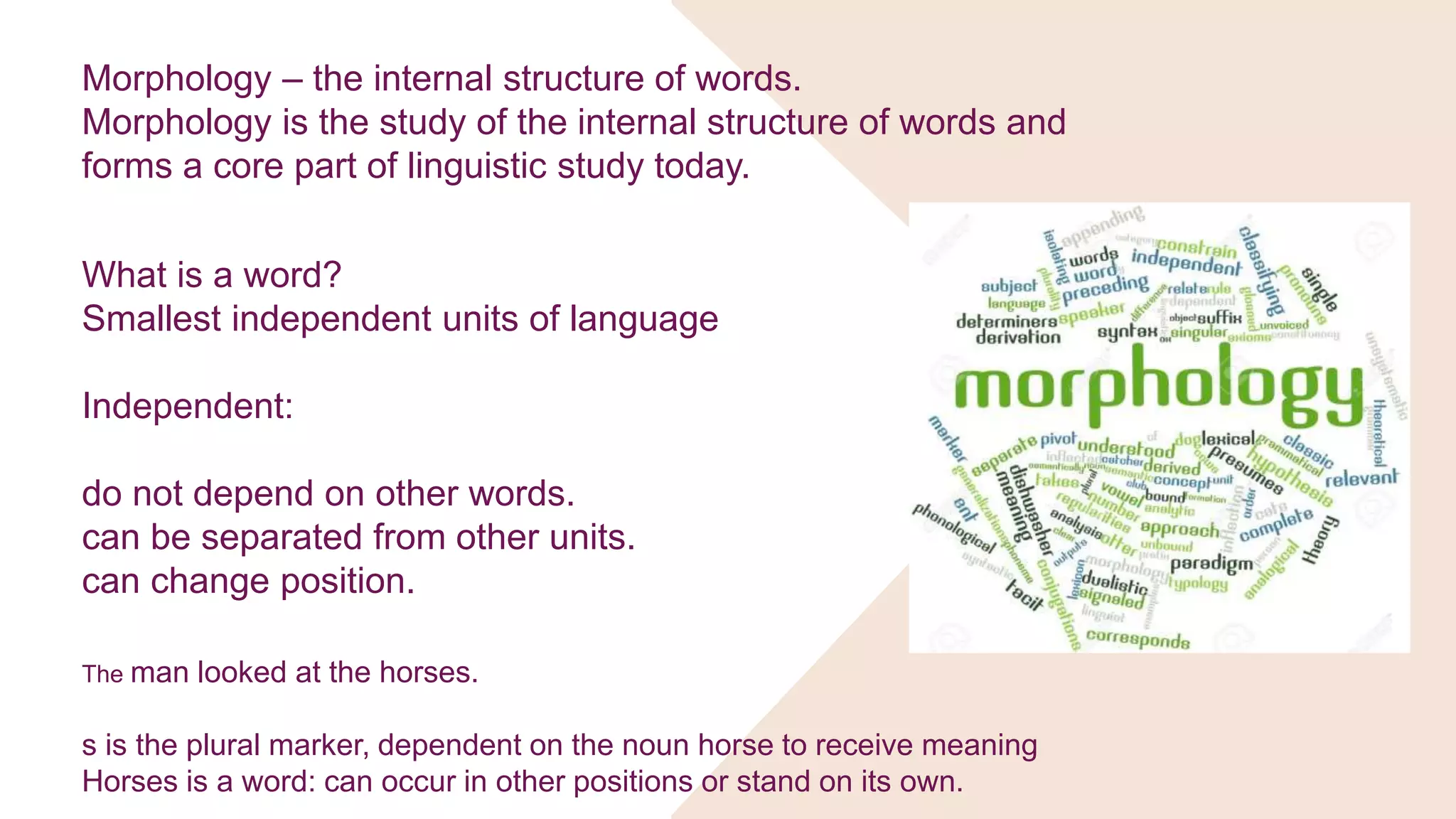 Morphology – the internal structure of words.
Morphology is the study of the internal structure of words and
forms a core part of linguistic study today.
What is a word?
Smallest independent units of language
Independent:
do not depend on other words.
can be separated from other units.
can change position.
The man looked at the horses.
s is the plural marker, dependent on the noun horse to receive meaning
Horses is a word: can occur in other positions or stand on its own.
 